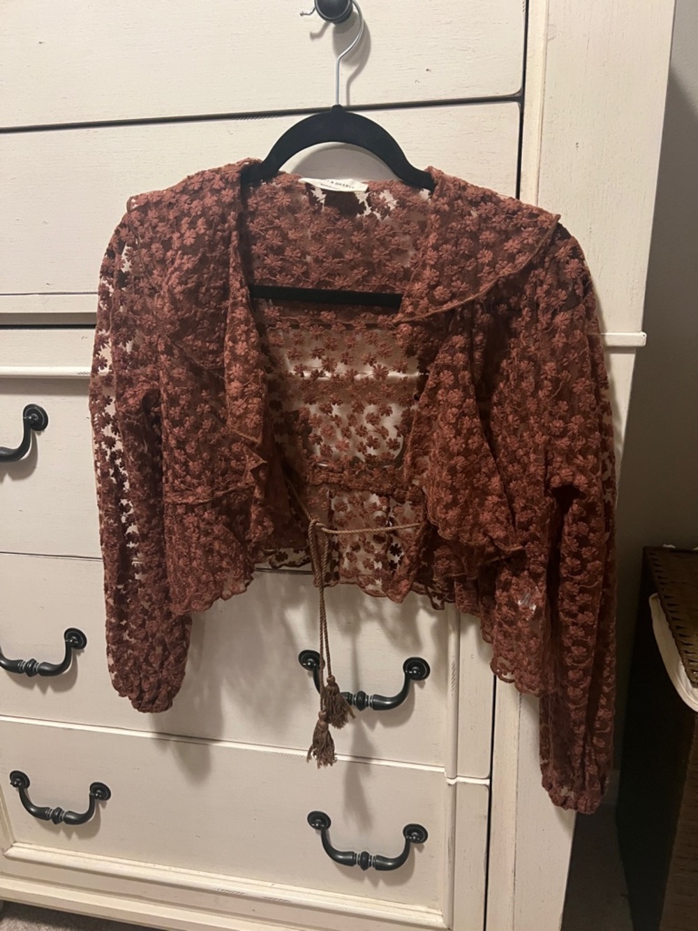 Rust Brown Floral Lace Cropped Cardigan